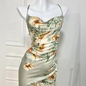 SHEIN Satin Floral Green Silky Dress